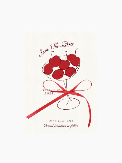 Tie the knot. These personalised Save The Date cards are cut from luxuriously thick paper and finished with a red artisan-drawn cherry illustration. Tied off with a satin ribbon for a chic touch, these are an unforgettable way to ask them to your big day. Dresscode Invitation Card, Red Wedding Stationery, Red Illustration Aesthetic, Illustrated Save The Date, Cherry Invitation, Illustration Art Wedding, Red Invitation Card, Cool Wedding Invitations, Invite Illustration