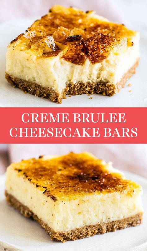 This easy Creme Brulee Cheesecake Bar recipe turns the classic French dessert into something even tastier! Graham cracker crust, vanilla bean cheesecake filling, and a bruleed sugar topping. YUM! Great for a crowd! #cheesecakebar #cremebrulee #dessert #cheesecake #baking Cream Brulee Desserts, Creme Brulee Recipe For A Crowd, Cream Brulee Cheesecake Recipe, Double Crust Cheesecake, Cream Brulee Recipe, Cream Brulee Cheesecake, Graham Cracker Crust Dessert, Easy Creme Brulee, Creme Brulee Cheesecake Bars