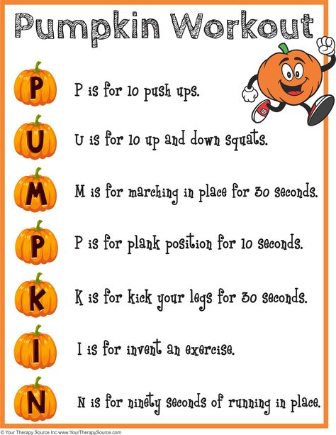 Try this pumpkin workout to encourage physical activity and exercise in children. Use as a brain break in the classroom. No prep and fun! Pumpkins Preschool, Elementary Pe, Pe Activities, Pe Lessons, Pe Ideas, Pediatric Physical Therapy, Pumpkin Activities, Pe Games, Physical Activities For Kids