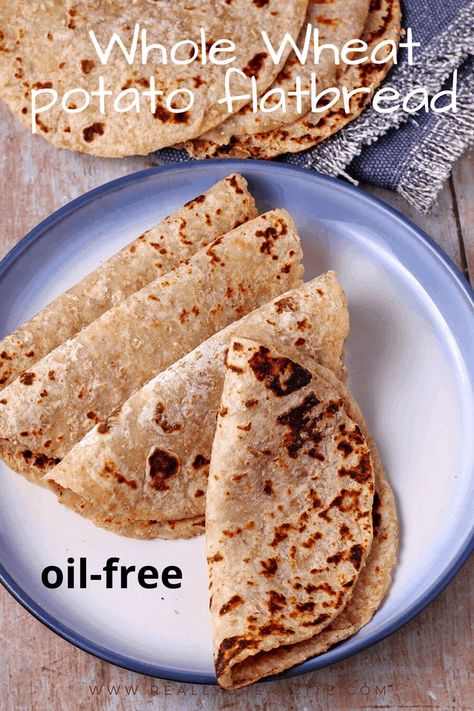 Flatbread Wraps, Potato Flatbread, Wfpb Diet, Wraps Recipes, Vegan Mashed Potatoes, Oil Free Vegan Recipes, Vegan Wraps, Vegan Baked, Whole Wheat Pita