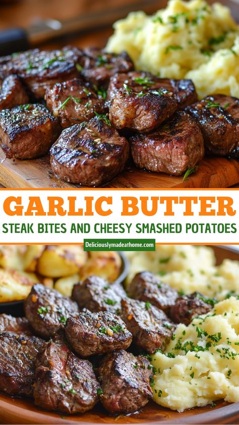 Garlic Butter Steak Bites and Cheesy Smashed Potatoes Garlic Steak Bites Oven, Garlic And Potato Steak Bites, Asian Steak Bites And Potatoes, Garlic Butter Steak Bites Over Creamy Aged White Cheddar Mash, Meat And Sides Dinner Ideas, Garlic Butter Beef Bites And Potatoes, Buttery Steak And Potatoes, Steak Bite Dinner Ideas, Creamy Garlic Steak Bites