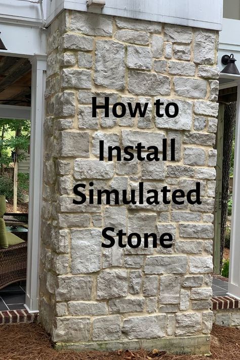 Make Concrete Look Like Stone, Faux Stone Exterior Before And After, Stone Veneer Exterior Houses, Exterior House Updates, Diy Stone Veneer, Farmhouse Outdoor Living, Horizon Stone, Faux Rock Walls, Fireplace Cleaning