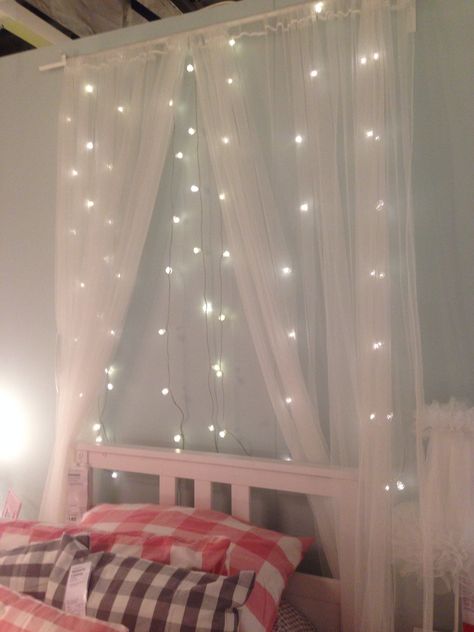 Voile Curtains With Fairy Lights, Pink Curtains With Fairy Lights, Tulle Over Bed Fairy Lights, Fairy Lights Over Headboard Dangling, Pink Fairy Light Curtain, Corner Decorating Ideas, Fairy Bedroom, Bedroom Decor Lights, Fairy Lights Bedroom