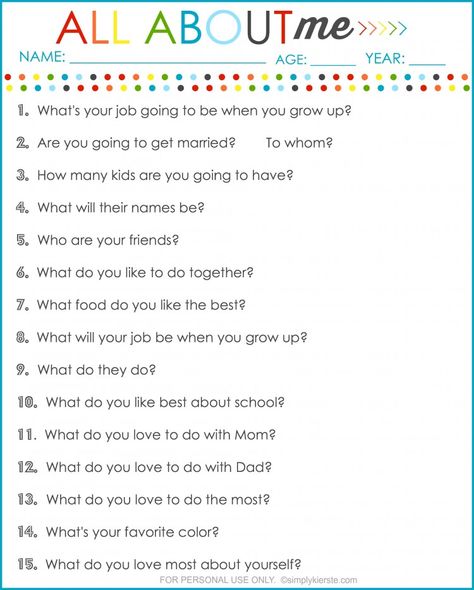 Remember what your kids loved most, and what they thought about at each age with these Interview Questions for Kids. Do it annually--birthday or new year!! Interview Questions For Kids, Birthday Interview, Questions For Kids, Bow Braid, How Many Kids, All About Me, Diy Spring, Interview Questions, All About Me!