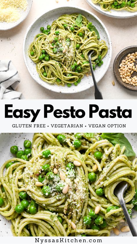 Easy pesto pasta is the perfect weeknight recipe! It's ready in less than 30 minutes and full of bold flavors. Option to make it dairy free / vegan, and customize it with whatever protein or veggies you like! Gluten free, vegetarian, vegan option. Easy Basil Pesto, Healthy Noodle Recipes, Pasta Gluten Free, Easy Pesto Pasta, Vegan Pesto Pasta, Gluten Free Pesto, Basil Pesto Pasta, 30 Minute Meals Healthy, Dairy Free Pesto