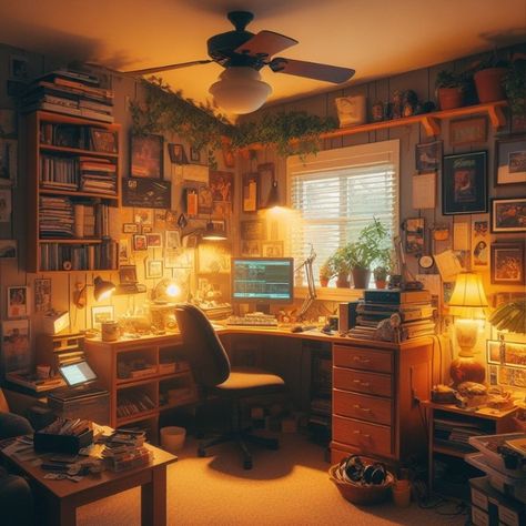 Comfy cottage home office ✨ Made with AI #ai #aiinterior #aiart #aiartcommunity #digitalart #interiordecor #homedesign #homeinterior #90saesthetic #cluttercore #study #studyinspo #homeoffice Lofi Aesthetic Office, Cottage Home Office, Comfy Cottage, 90’s Aesthetic, Cottage Home, Cottage Homes, Creative Space, Room Inspiration, Home Office