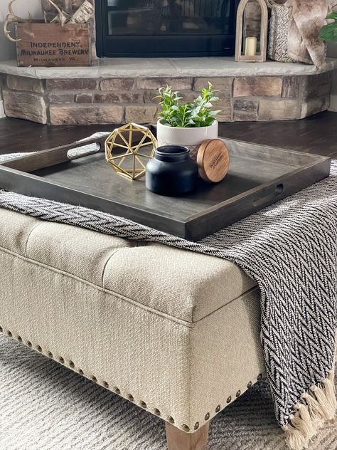 Extra Large Ottoman Trays, Grey Ottoman With Tray On Top, Large Square Tray For Ottoman, Ottoman Trays Large, Decor On Ottoman, Big Tray For Ottoman, Ottoman With Throw Blanket And Tray, Oversized Ottoman Decor, Large Coffee Table Tray