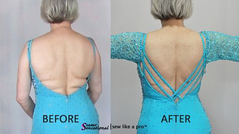 Big Impact Alterations include changing the the back neckline by adding cris-cross straps Diy Sleeves, Ballroom Fashion, Dancesport Dresses, Sewing Alterations, Sewing Courses, Dress Alterations, Ballroom Dance Dresses, Altering Clothes, Figure Skating Dresses