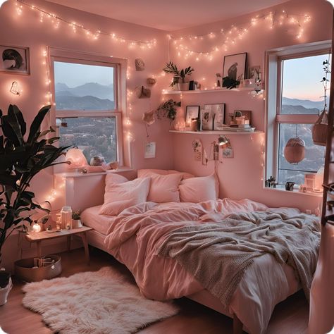 Bedroom inspo Room Aethstetic Ideas, Cozy Pink Apartment, Pink Small Room Ideas, Room Inspo Big Room, Bedroom Inspirations Nature, Dorm Room Inspo Pink, Cute Attic Bedroom Ideas, Room Decor Ideas Bedroom, Small Apartment Christmas Decor