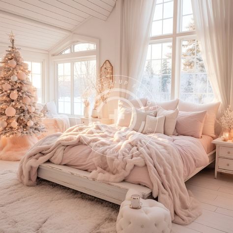 This wonderful cozy pink Christmas bedroom stock image/multi-use mockup photo features a soft pastel holiday aesthetic with pink & white decor. Perfect for content creators or to place your products into for mockups.  Vibe: Pink, Pastel, French Country, Cozy, Warm, Country, Classic, Pretty, Cottagecore, Festive, Christmas, Holiday THIS IMAGE IS ALSO AVAILABLE IN THESE BUNDLES: + Our 'Full House' Pink & White Holiday Home Bundle of 72 images:  https://ccmockupfactory.etsy.com/listing/1583930995/pink-christmas-mockup-bundle-set-of-72  + Our bundle of 12 Cozy Pink & White Bedrooms here: https://ccmockupfactory.etsy.com/listing/1583320853/holiday-mockup-photo-bundle-set-of-12 The perfect vessel to showcase your brand! Our mockups/stock images are simple to use - just add your graphic, make any Pink Chic Bedroom Decor, Pink Bedroom Women, Pink Christmas Bedroom Ideas, Pastel Home Aesthetic, Winter Wonderland Bedroom, Pink Cozy Bedroom, Winter Bedroom Decor Cozy, Aesthetic Pink Bedroom, Cozy Winter House