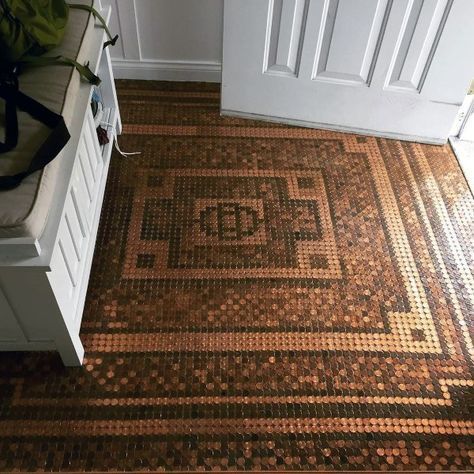 Top 60 Best Penny Floor Design Ideas - Copper Coin Flooring Penny Flooring, Penny Floor Designs, Penny Decor, Floor Design Ideas, Penny Crafts, Penny Mosaic, Penny Floor, Copper Coin, Penny Tile