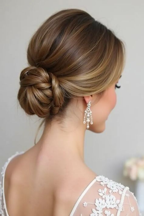 24 Wedding Guest Hairstyles for A Gorgeous Look Modern Wedding Bun, Slick Back Low Bun Wedding Hair, Wedding Hair Bangs Updo, Party Guest Hairstyles, Hair Štýle Wedding Guest, Long Sleeve Dress Hairstyles, Low Bun Bride Hair, Elegant Up Do, Straight Updo Hairstyles