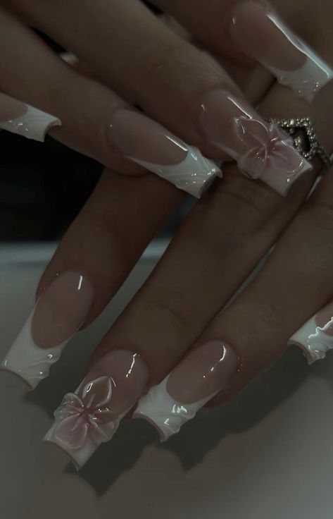 Aesthetic White Nails Acrylic, Nails Prom Pink, Ethereal Nails Square, Nail Ideas White French Tip, Gel Ex Nails, Jelly Flower Nails, White French Tip Nails With Design Ideas, White French Nails Design, Pink And White French