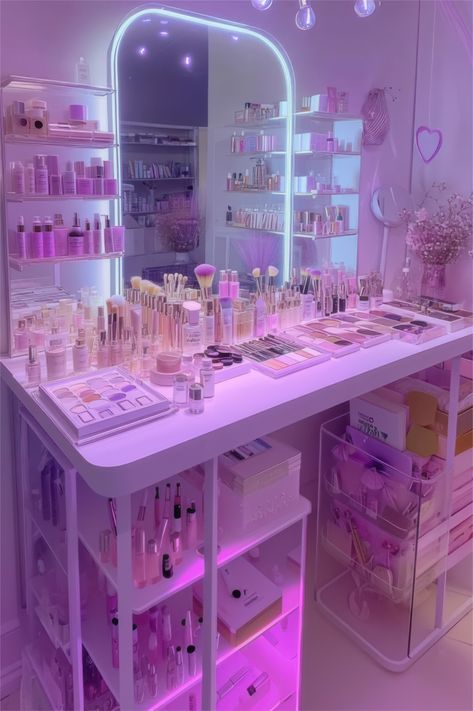 tep into a makeup lover’s paradise! 💜 This stunning aesthetic vanity setup is every beauty enthusiast’s dream. With glowing LED lights, perfectly organized shelves, and an ultra-luxurious display of skincare and cosmetics, this beauty room radiates glam and self-care vibes. From soft pastel brushes to high-end palettes, everything is perfectly curated for the ultimate beauty routine. Whether you love a bold look or a soft glam aesthetic, this setup is pure goals. Soft Glam Aesthetic, Glam Beauty Room, Organized Shelves, Aesthetic Vanity, Vanity Setup, Stunning Aesthetic, Glam Aesthetic, Makeup Station, Dreamy Aesthetic