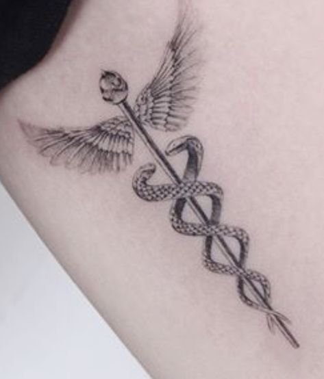 Staff Of Hermes Tattoo, Medical Staff Tattoo, Hermes Staff Tattoo, Doctor Tattoo Ideas Medical, Caduceus Tattoo Feminine, Caduceus Tattoo Nurse, Rod Of Asclepius Tattoo Feminine, Cadeusus Tattoo, Medicine Tattoo Ideas