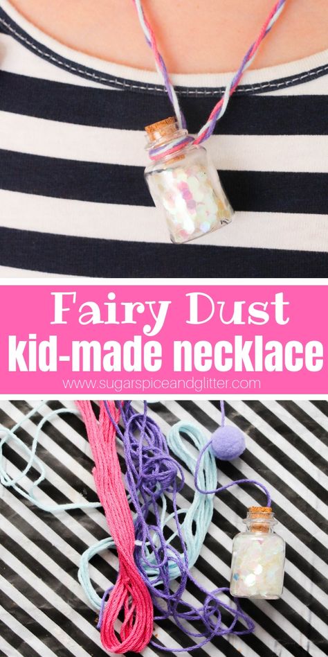 All you need is faith, trust, and a Fairy Dust Necklace and you will be spreading magic wherever you go! A fun Disney craft for kids Fairy Dust Necklace Diy, Fairy Games For Kids, Magic Activities For Kids, Fairy Activities For Kids, Magic Crafts For Kids, Enchanted Crafts, Fairy Activities, Fairytale Crafts, Fairy Dust Necklace