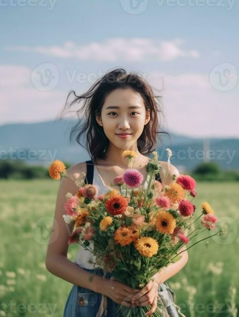 Lovely woman holding a beautiful autumn bouquet flower arrangement with pink and red color flowers green lawn on background, Generative AI Holding Flower Bouquet Pose, Person Holding Flower Reference, Flower Bouquet Reference, Person With Flowers, Woman Holding Flowers, Holding Bouquet, Autumn Bouquet, Bouquet Flower, Pose References