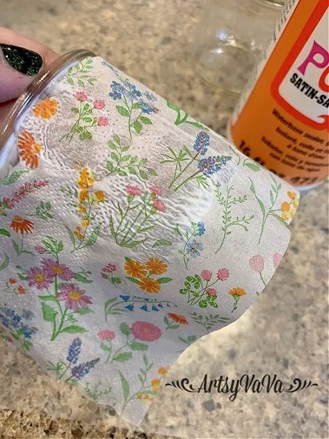 Decoupage Tea Light Holder, Napkin Decoupage On Glass Jars, Qui Yogurt Jar Crafts, Diy With Oui Jars, Napkin Decoupage Glass Mason Jars, Oui Yogurt Jars Ideas Diy Plants, Decopodge Ideas Projects Paper Napkins, Decoupage Jars With Napkins, Crafts With Oui Yogurt Jars