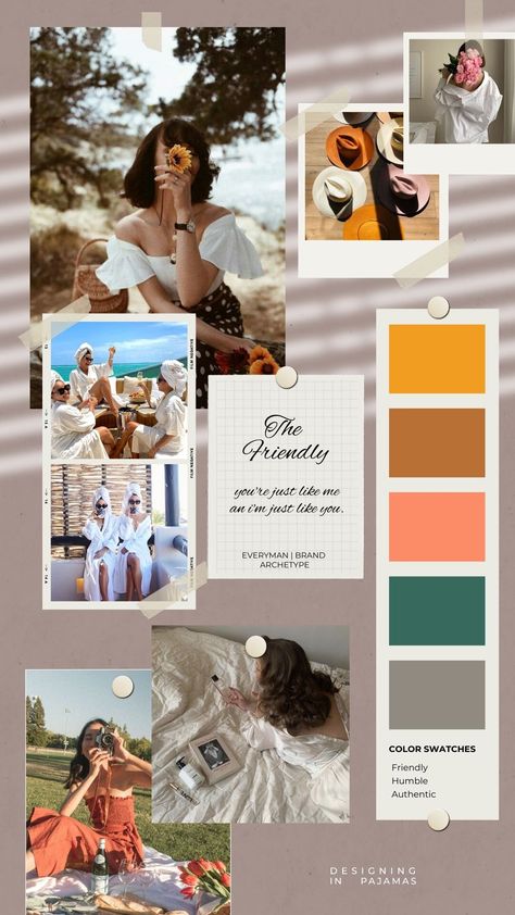 Sophisticated Graphic Design Inspiration, Everyman Archetype Moodboard, Brand Identity Moodboard Design Inspiration, Everyman Brand Archetype, Everyman Archetype, Brand Identity Board, Brand Archetypes, Design Podcast, Social Media Marketing Instagram