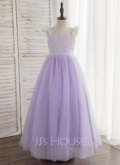 [US$ 65.00] A-Line/Princess Ankle-length Flower Girl Dress - Tulle/Lace Sleeveless Straps Flower Girl Dresses Purple, Bridget Wedding, Simple Flower Girl Dresses, Lavender Flower Girl Dress, Lilac Flower Girl Dresses, Rapunzel Wedding, Purple Flower Girls, Purple Flower Girl Dress, Flower Girl Outfit