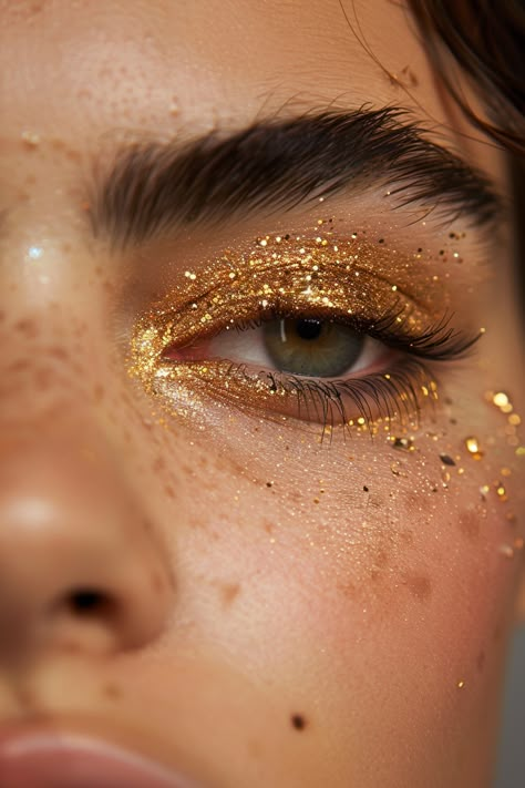 22+ Glamorous Gold Eyeshadow Ideas Editorial Makeup Inspiration, Gold Festival Makeup, Colorful Makeup Aesthetic, Gold Glitter Aesthetic, Gold Body Glitter, Golden Makeup Look, Glitter Photoshoot, Glitter Carnaval, Teal Eyeshadow