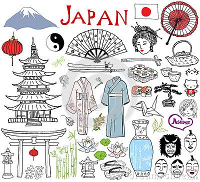 Japan doodles elements. Hand drawn sketch set with Fujiyama mountain, Shinto gate, Japanese food sushi and tea set, fan, theater m Tree Drawings Pencil, Japan Illustration, Japanese Drawings, Japon Illustration, Small Drawings, Japan Culture, Color Pencil Drawing, Kyoto Japan, Sumi E