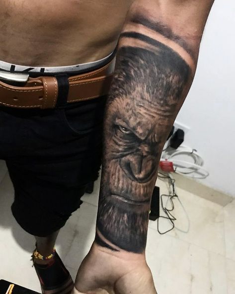 Ape Tattoos For Men, Realistic Tattoo Sleeve Men, Planet Of The Apes Tattoo, Apes Tattoo, Jungle Tattoo, Gorilla Tattoo, Animals Tattoo, Bicep Tattoo, Greek Tattoos