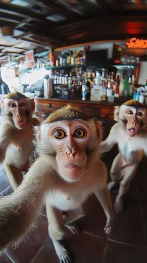 ↑↑↑ Larger size on website 🔸 Three monkeys are sitting in a bar. The monkey in the foreground is taking a selfie with its two fri Three Monkeys Funny, Mouth Slightly Open, Curious Expression, Two Monkeys, Three Monkeys, Taking A Selfie, Monkeys Funny, Two Friends, Liquor Bottles