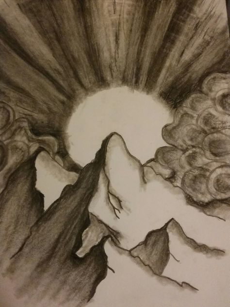 Mountain sunrise pencil drawing Sunrise Sketch Pencil, Ridge Drawing Ideas, Sunrise Drawing Pencil, Sunrise Sketch, Sunrise Drawing, Mountain Sketch, Sun Drawing, Ocean Drawing, Mountain Drawing