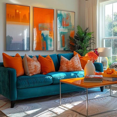 18+ Energetic Room Makeovers with Tangerine and Teal Color Schemes • 333+ Art Images Teal And Orange Living Room, Blue And Orange Living Room, Colorful Acrylics, Teal Living Room Decor, Apartment Color Schemes, Deco Orange, Teal Color Schemes, Chic Bedroom Design, Living Room Turquoise