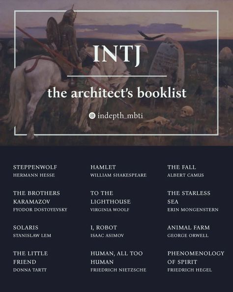 Mbti Literature, Book Recommendations For Intj, Book Recommendation For Intj, Intj Movie List, Intj Personality Booklist, Mbti Booklist, Books For Intj, Intj Moodboard, Intj Personality