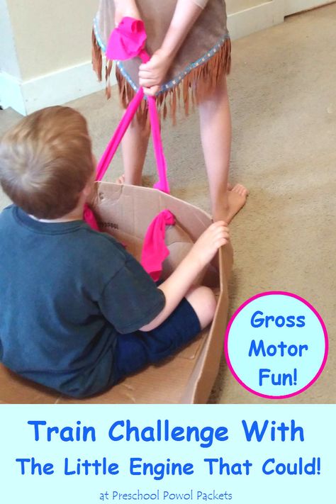 Train Challenge with The Little Engine That Could! Great gross motor activity for preschoolers and older children! Train Gross Motor Activities, Trains Preschool, Preschool Transportation, Transportation Unit, Transportation Activities, Activity For Preschoolers, Gross Motor Activity, Transportation Preschool, Train Theme