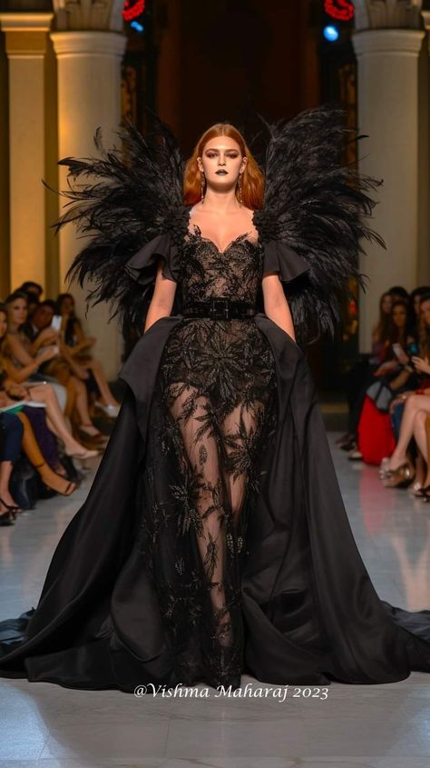 Vishma Maharaj, Lillith Goddess, Red And Black Gown, Vday Dress, Angel Dresses, Black Feather Dress, Male Dress, Flower Gown, Fashion Show Themes