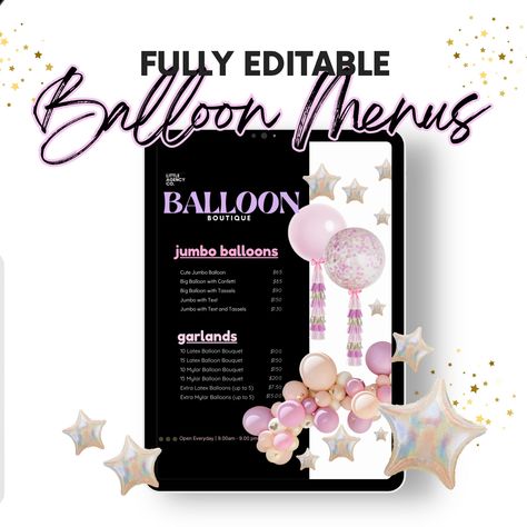 Transform Your Balloon Business with Our Editable Balloon Menu Templates! 🎈 Perfect for Balloon Artists. Bring your balloon decor vision to life and wow your clients with professional pricing and presentation. Download now and elevate your event styling business! #BalloonMenu #BalloonMockup #BalloonDecor #sweetcart #MarqueeLetters #Backdrops #EditableMenu #CanvaTemplates #BalloonArch #BalloonArtist #BalloonGarland #WeddingStyling #PartyDecor Styling Business, Balloon Business, Menu Mockup, Sweet Carts, Planning Tools, Marquee Letters, Balloon Decor, Event Planners, Mockup Templates