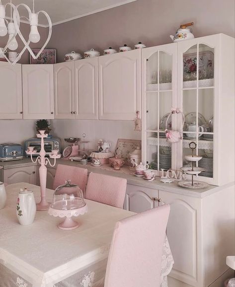 Make Up Area Ideas, Angelcore House, Coquette Apartment, Pink Kitchen Aesthetic, Coquette Kitchen, Real Coquette, Coquette House, Kitchen Aesthetic, Music On Spotify