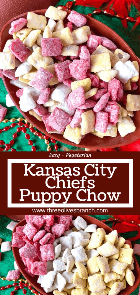 Chiefs Puppy Chow, Superbowl Snacks Dessert, Easy Puppy Chow Recipe, Bowl Desserts, Puppy Chow Chex Mix Recipe, Superbowl Desserts, Chex Mix Puppy Chow, Football Appetizers, Football Parties