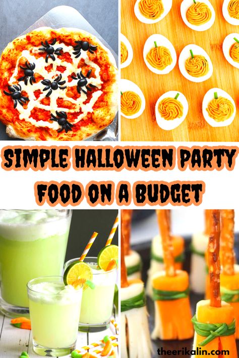 Spooky Halloween party table with simple Halloween party food on a budget and affordable decor. Halloween Party App Ideas, Halloween Party On A Budget For Adults, Cheap And Easy Halloween Party Food, Cheap Halloween Party Food, Halloween Feast, Cheap And Easy Halloween Snacks, Halloween On A Budget, Easy Halloween Orderves, Halloween Main Dish