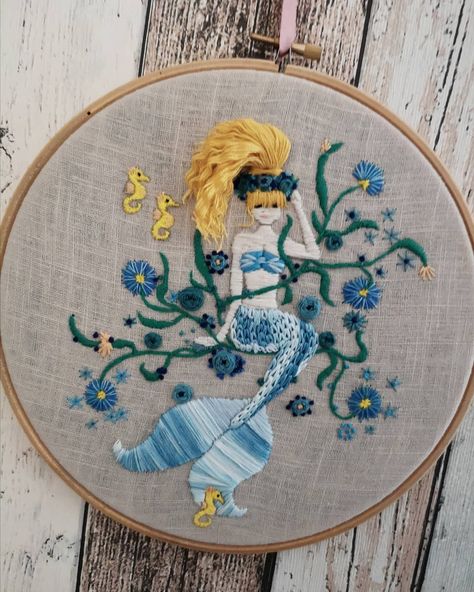 Embroidery hair mermaid hair 3d hair Hannah 💙  Still up for grabs in my #etsyshop  Link in bio 🤗 . . .  #embroidery #embroideryart #embroiderydesign #embroideryartist… Mermaid Hair, Mermaid Embroidery Patterns, Hair Embroidery, Embroidery Hair, 3d Hair, Mermaid Embroidery, Mermaid Pattern, Seahorses, Slow Stitching