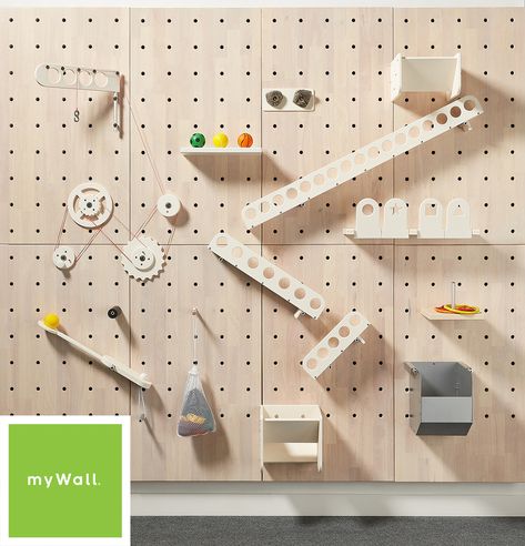 The ultimate in peg wall storage and active play. The myWall system provides a peg wall system that supports wire management behind the walls and includes locking pins. (shelves, pins, toys, many accessories) Perfect for STEM learning as well as active creative play. Peg Board Walls, Wall Toys, Photowall Ideas, Peg Wall, Casa Cook, Kindergarten Design, Interactive Walls, Stem Learning, Custom Toys