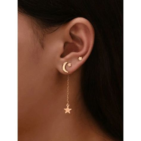 Chic And Trendy Gold-Plated Star Chain And Moon & Stars Stud Earrings - 14k Gold Plated Over Copper - 4 Piece Set - Length: Approximately 1.5" (Star Chain) 2 Ear Piercings, Gold Moon Earrings, Star And Moon Earrings, Earrings 2022, Gold Star Earrings, Embellished Fashion, Moon Decor, Star Chain, Gold Collar