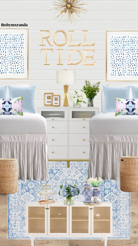 BLUE BAMA DORM INSPO #bama #bamarush #rolltide #dorm #dorminspo #dormroom #dormdecor #college Bama Dorm, Sorority House Rooms, Luxury Dorm Room, Sorority Room, Beautiful Dorm Room, Blue Dorm, College Dorm Room Inspiration, Preppy Dorm Room, Dream Dorm Room