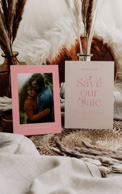 The perfect boho wedding save the date card! Features swirly font that says "save our date." The blush pink background can be changed. Boho Western Save The Dates, Save The Date Outdoor Theme, Copper Save The Date, Taylor Swift Save The Date, Terracotta Country Wedding, Save The Date Rustic Wedding, Save The Day Invitation, Bohemian Save The Date, Western Save The Date Cards