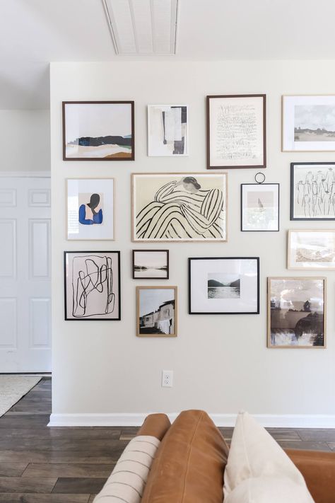 How To Create A Large Vintage Modern Gallery Wall Big Gallery Wall Layout, Art Wall Hallway, Gallery Wall Upstairs Hallway, Midcentury Modern Gallery Wall Ideas, Vintage Modern Gallery Wall, Gallery Wall How To, 5 Frames On Wall Layout, Gallery Wall Large Frames, Family Gallery Wall Ideas