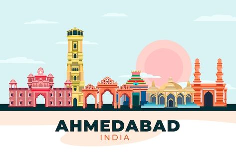 Ahmedabad Skyline, Punjab Festivals, Happy Durga Puja, Happy Lohri, Navratri Festival, Couples Play, States Of India, Hand Drawn Vector Illustrations, Famous Landmarks