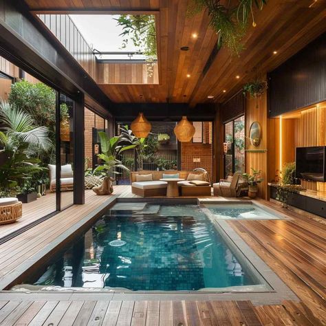 Pool Entertainment Area Ideas, Swimming Pool Inside House, Sunroom With Pool, Indoor Swimming Pools Home, Huff Haus, Pool Inside House, Seacan Homes, Farmhouse With Swimming Pool, Luxury Pools Indoor