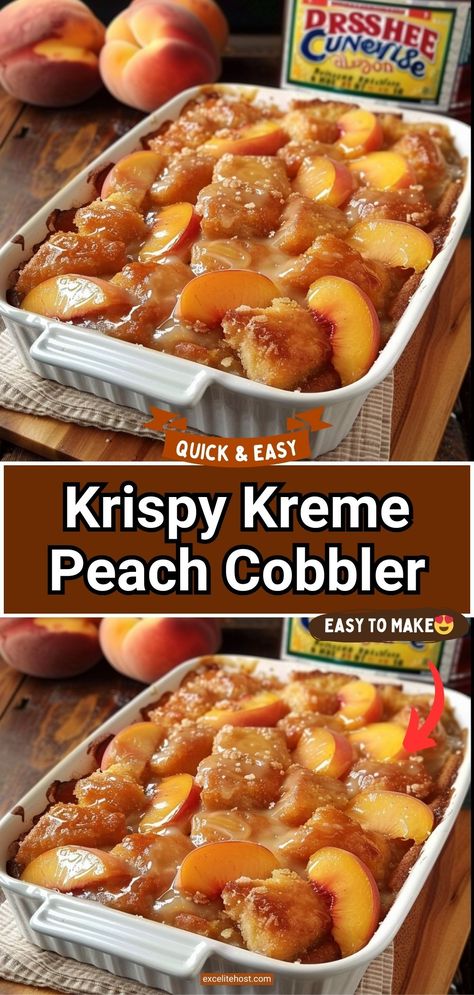 Recipes With Krispy Kreme, Kristy Kreme Peach Cobbler, Krispy Cream Peach Cobbler, Donut Peach Cobbler, Krispy Kreme Peach Cobbler, Peach Cobbler Canned Peaches Recipes, Cookout Dessert, Peach Cobbler With Fresh Peaches, Krispy Kreme Bread Pudding