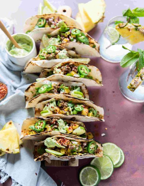 Lamb Tacos, Tacos With Pineapple Salsa, Lamb Taco, Tacos With Pineapple, Avocado Crema, Weekday Dinner, Avocado Cream, Pineapple Recipes, Pineapple Salsa