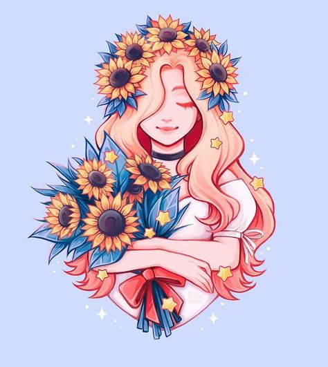 Cute Sunflower Drawing, Sunflower Character, Sunflower Cartoon, Sunflower Girl, Cute Sunflower, Sunflower Drawing, Girl Aesthetics, Ipad Drawings, Beauty Art Drawings