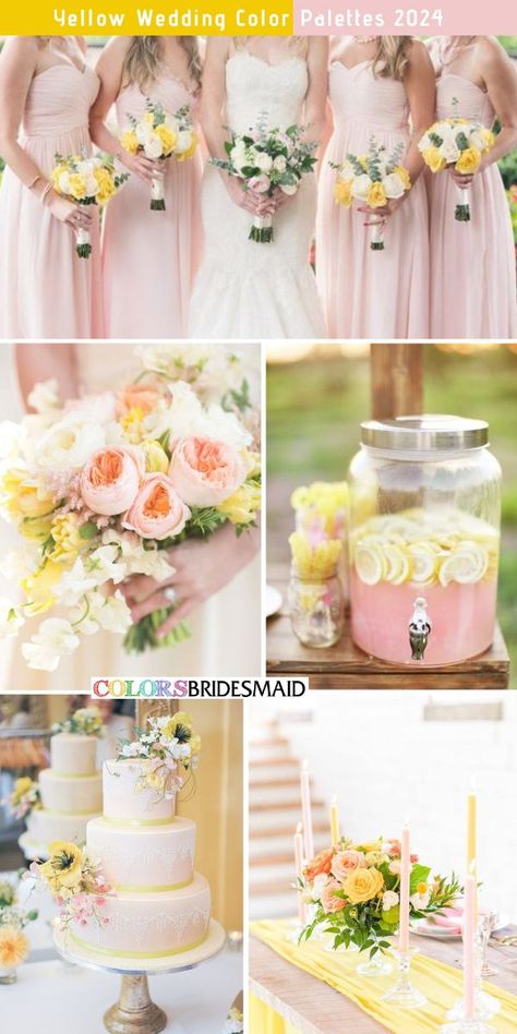 Yellow and blush wedding color palettes inspirations for 2024: blush bridesmaid dresses, yellow and blush wedding bouquets, yellow and blush drink straw, blush and yellow wedding cake, yellow table runners, blush and yellow candles, blush and yellow table centerpieces. #weddingcolors #weddingideas #yellowweddings #colsbm #2024 #bridesmaiddresses #yellowandblush #blushwedding Dusty Pink And Yellow Wedding, Blush Pink And Yellow Wedding, Yellow And Blush Wedding, Light Pink And Yellow Wedding, Pink And Yellow Wedding Theme, Yellow Pink Wedding, Yellow And Pink Wedding, Hot Pink Wedding Bouquet, Bridesmaid Dresses Yellow