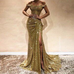 skyfely Glitter Dress Long, Off The Shoulder Evening Dress, Gold Dresses, Off Shoulder Evening Dress, Evening Dresses With Sleeves, Red Dress Women, Formal Cocktail Dress, Dress Sleeve Styles, Maxi Skirts